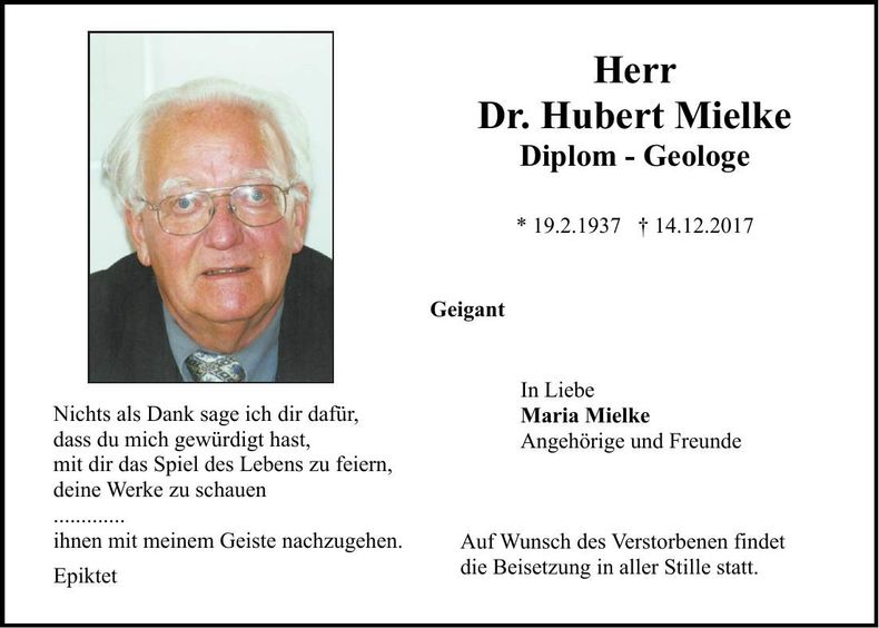 Traueranzeige Hubert Dr. Mielke