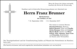 Traueranzeige Franz Brunner