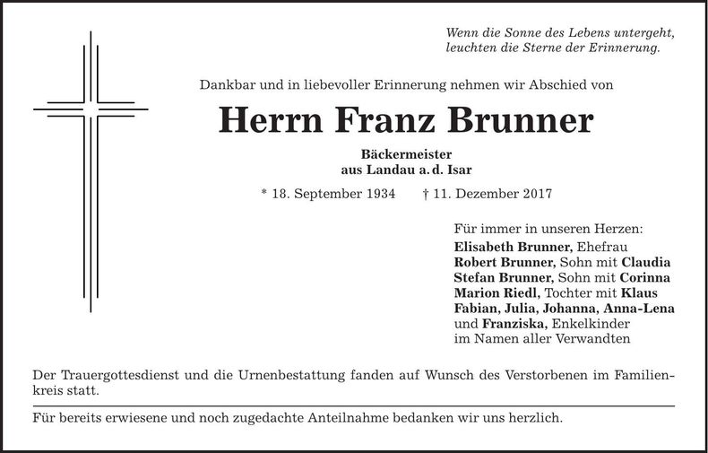 Traueranzeige Franz Brunner