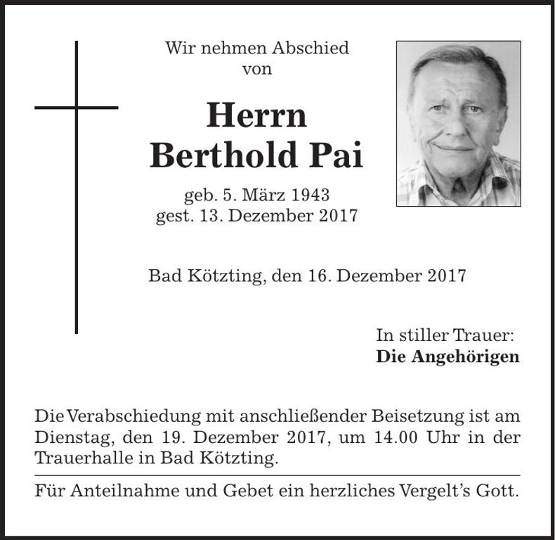 Traueranzeige Berthold Pai