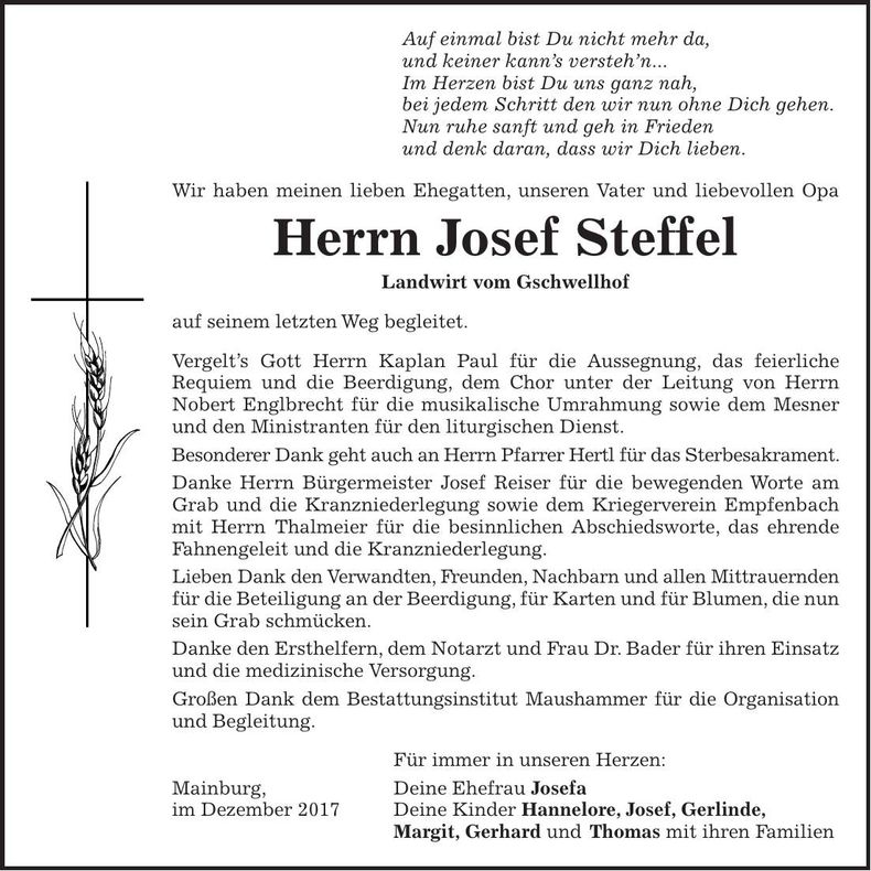Traueranzeige Josef Steffel