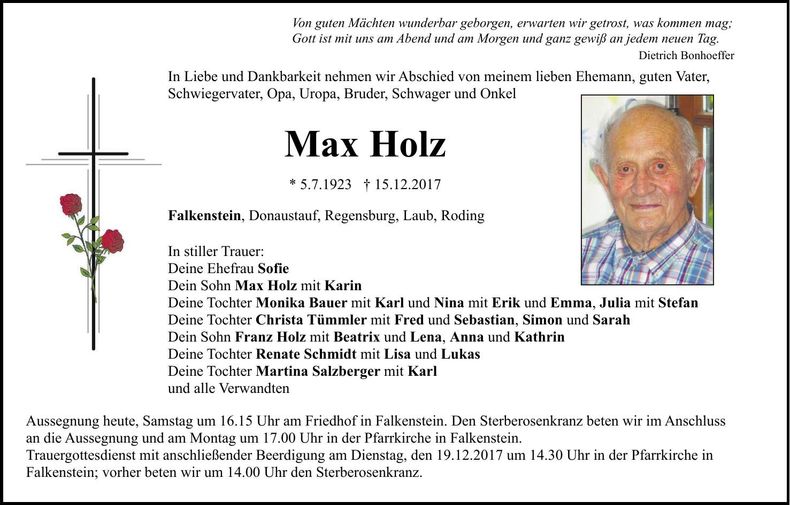 Traueranzeige Max Holz