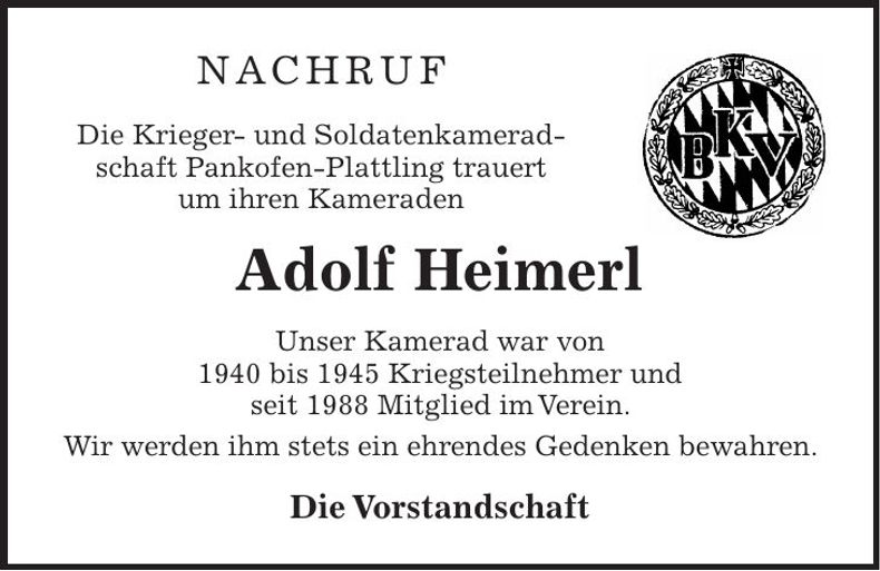 Traueranzeige Adolf Heimerl