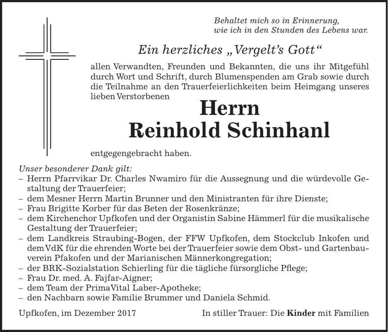 Traueranzeige Reinhold Schinhanl