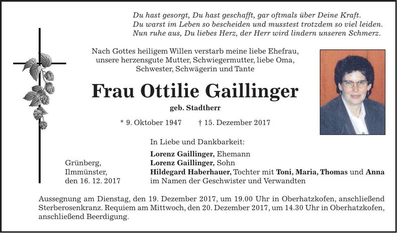 Traueranzeige Ottilie Gaillinger