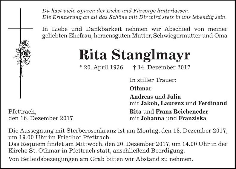 Traueranzeige Rita Stanglmayr