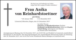 Traueranzeige Anika von Reinhardstoettner