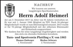 Traueranzeige Adolf Heimerl