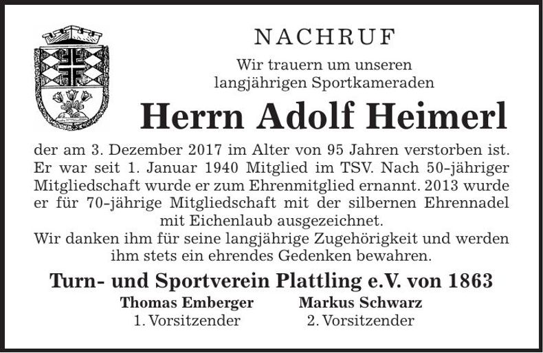 Traueranzeige Adolf Heimerl