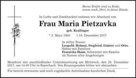 Traueranzeige Maria Pietzavka