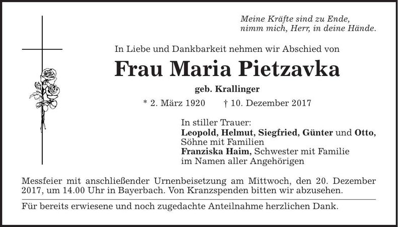 Traueranzeige Maria Pietzavka