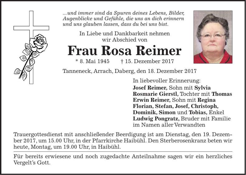 Traueranzeige Rosa Reimer