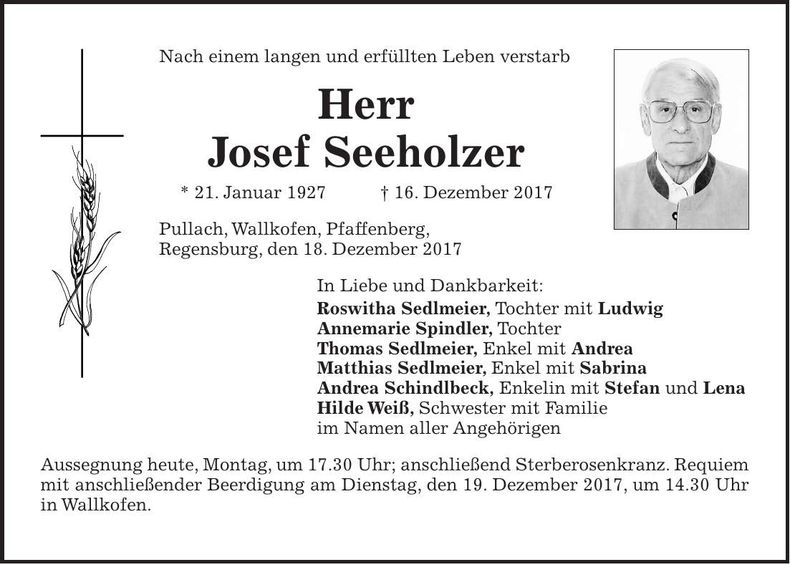 Traueranzeige Josef Seeholzer