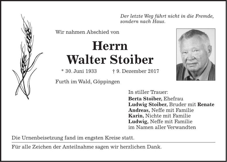 Traueranzeige Walter Stoiber