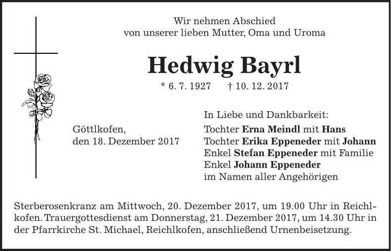 Traueranzeige Hedwig Bayrl