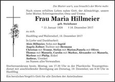 Traueranzeige Maria Hillmeier