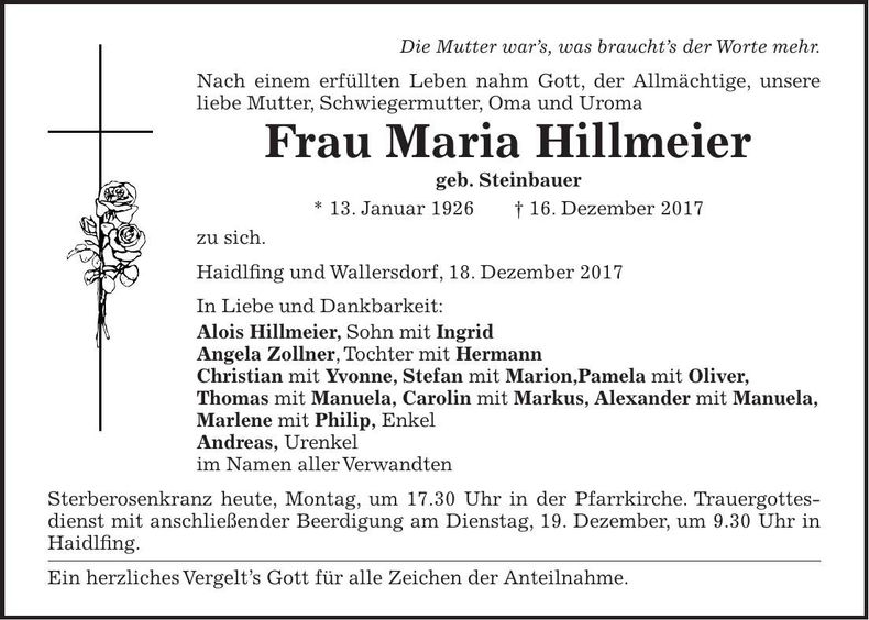 Traueranzeige Maria Hillmeier