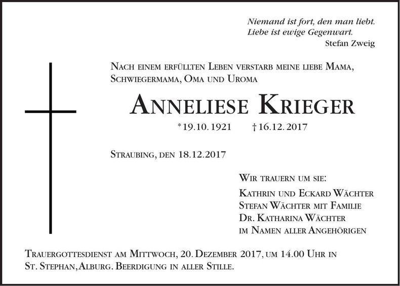 Traueranzeige Anneliese Krieger