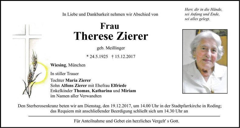 Traueranzeige Therese Zierer