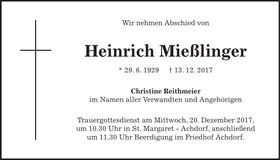 Traueranzeige Heinrich Mießlinger