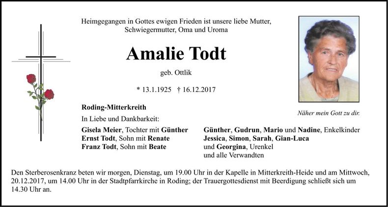 Traueranzeige Amalie Todt