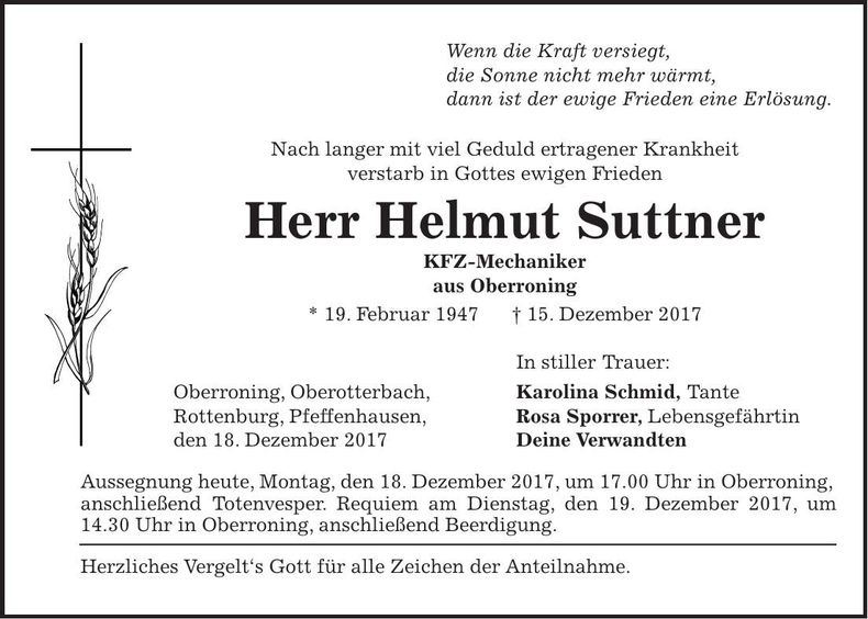 Traueranzeige Helmut Suttner
