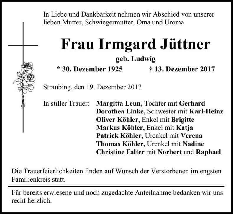 Traueranzeige Irmgard Jüttner