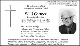 Traueranzeige Willi Gärtner
