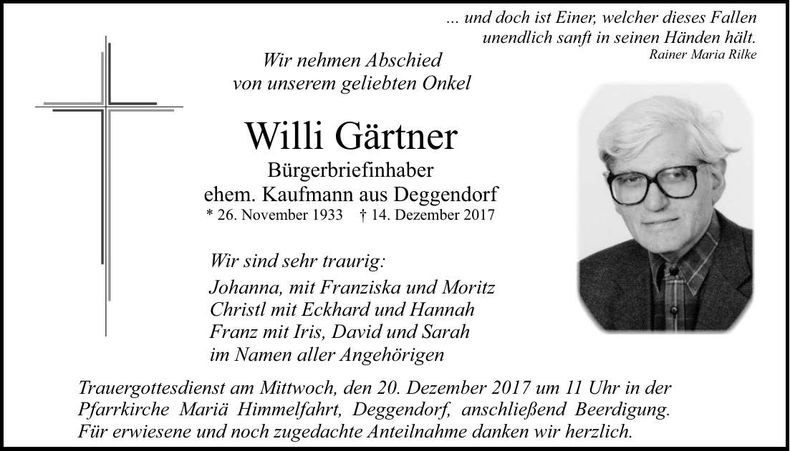 Traueranzeige Willi Gärtner
