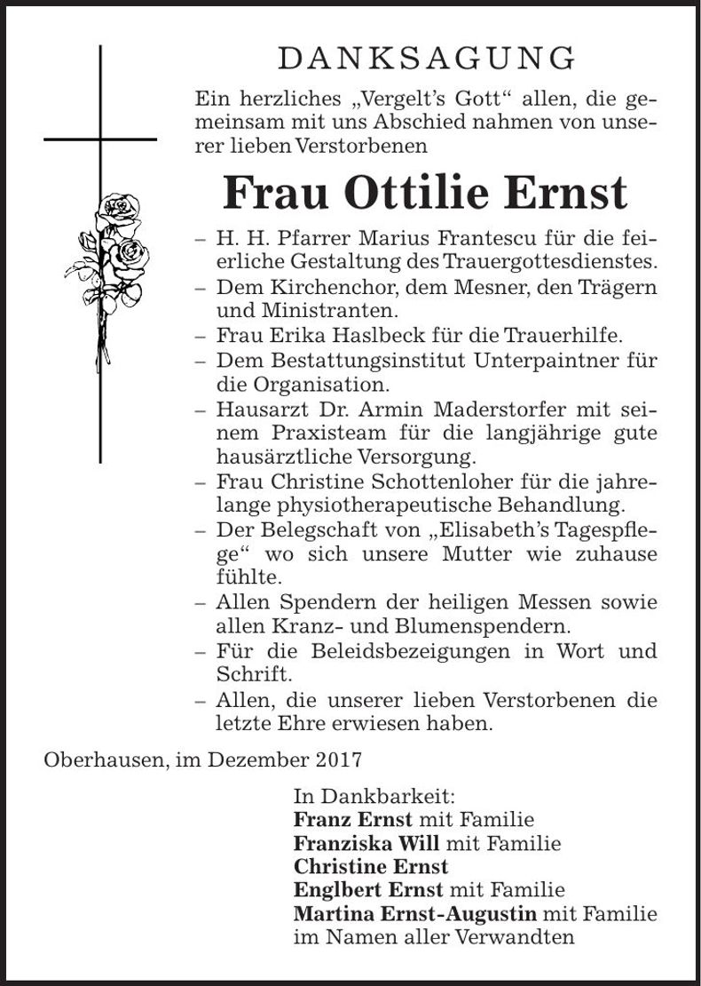 Traueranzeige Ottilie Ernst