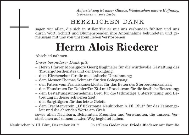Traueranzeige Alois Riederer