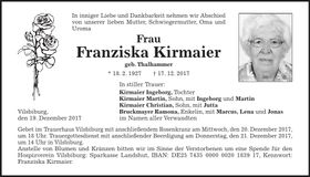 Traueranzeige Franziska Kirmaier