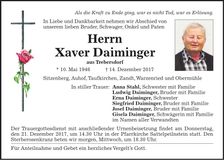 Traueranzeige Xaver Daiminger
