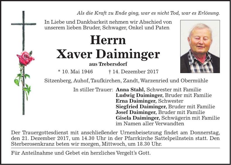 Traueranzeige Xaver Daiminger