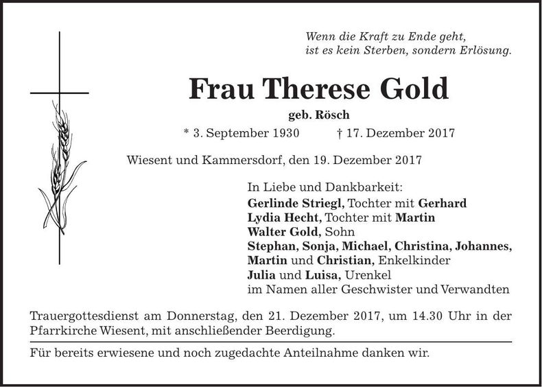 Traueranzeige Therese Gold