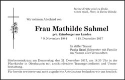 Traueranzeige Mathilde Sahmel