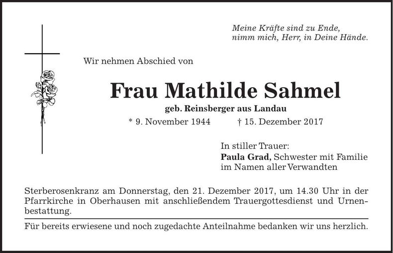 Traueranzeige Mathilde Sahmel