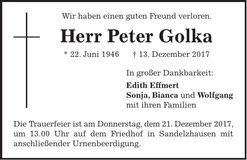 Traueranzeige Peter Golka
