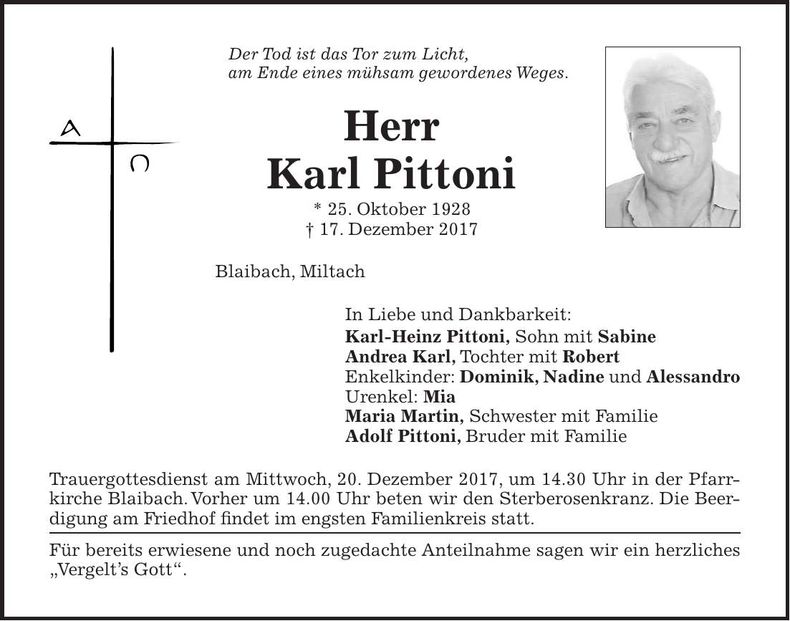 Traueranzeige Karl Pittoni