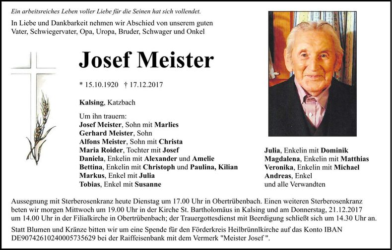 Traueranzeige Josef Meister