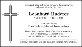 Traueranzeige Leonhard Haderer