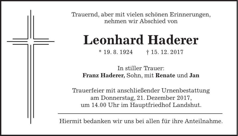 Traueranzeige Leonhard Haderer