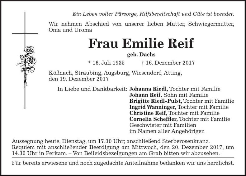 Traueranzeige Emilie Reif