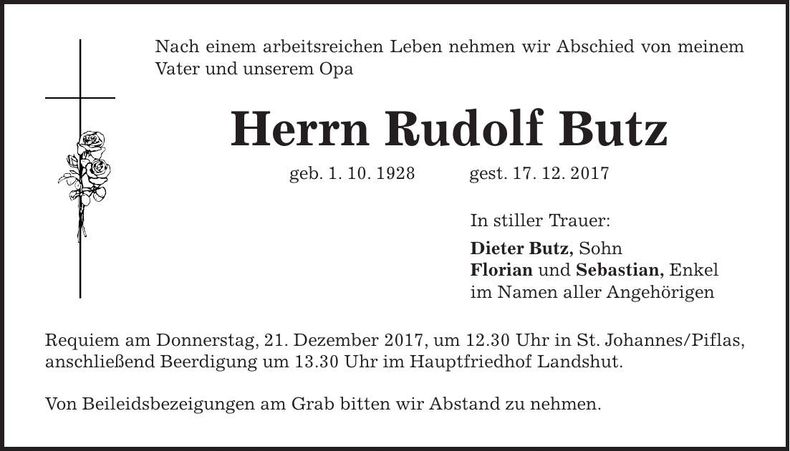 Traueranzeige Rudolf Butz