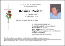 Traueranzeige Rosina Preiter