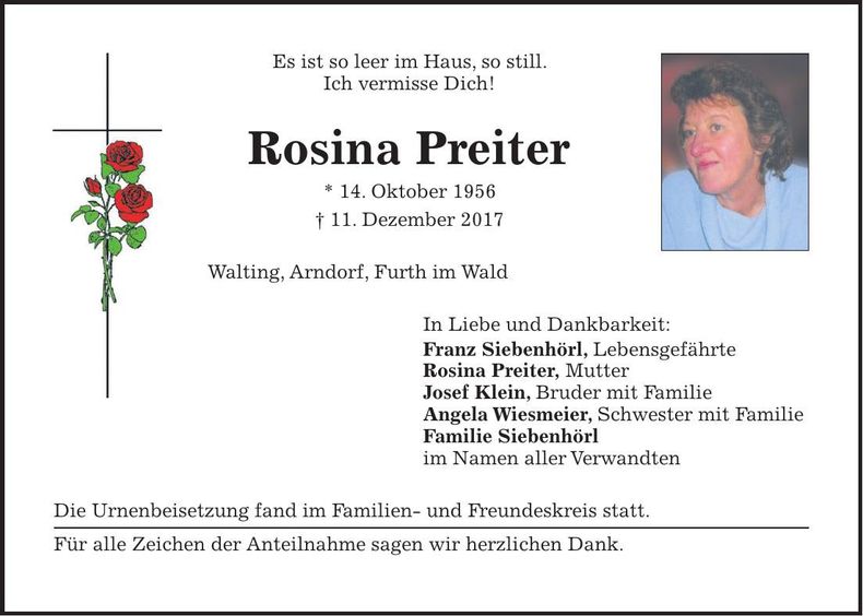 Traueranzeige Rosina Preiter