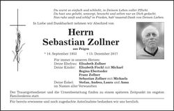 Traueranzeige Sebastian Zollner