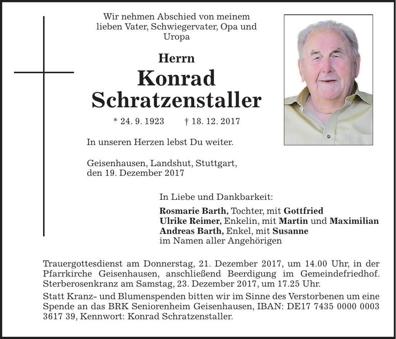 Traueranzeige Konrad Schratzenstaller