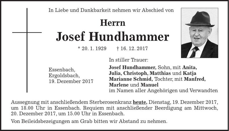 Traueranzeige Josef Hundhammer