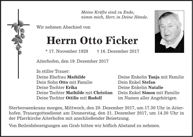Traueranzeige Otto Ficker
